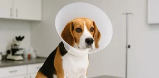 Perro beagle encima de una mesa de la clínica veterinaria.