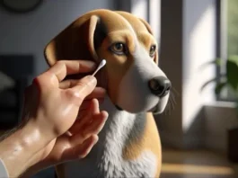 limpiando oido al perro