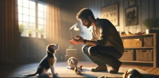 hombre educando a un cachorro de beagle