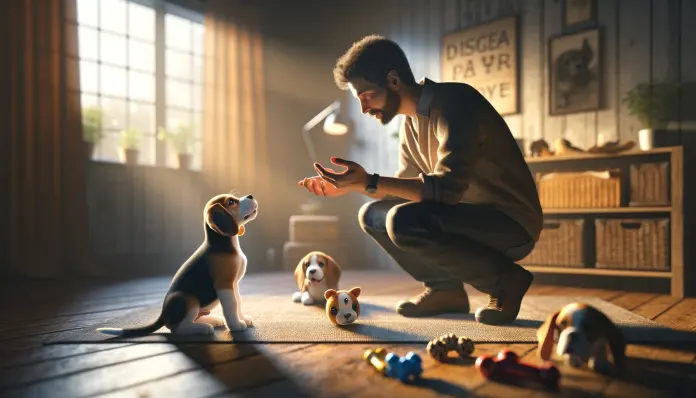 hombre educando a un cachorro de beagle