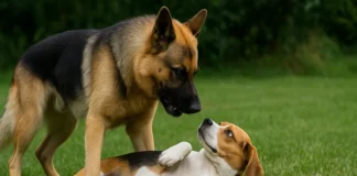 ¿Cuándo un perro es dominante? Un pastor alemán dominante se impone sobre un beagle sumiso, ilustrando la dominancia en perros