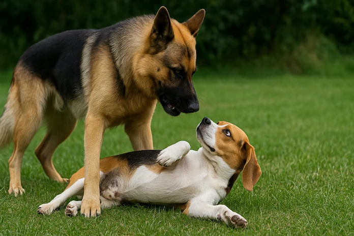 Un pastor alemán dominante se impone sobre un beagle sumiso, ilustrando la dominancia en perros