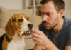 Perro beagle con un hueso de pollo en la boca, desafiando a su dueño.