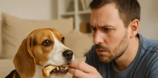 Perro beagle con un hueso de pollo en la boca, desafiando a su dueño.