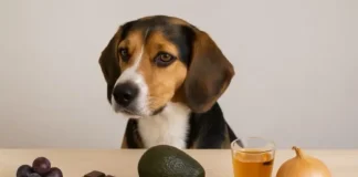perro beagle ante alimentos que le pueden causar daño.