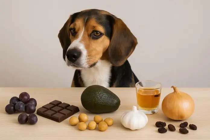 perro beagle ante alimentos que le pueden causar daño.