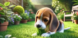 perrito beagle come hierba