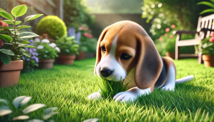 perrito beagle come hierba