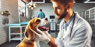 veterinario revisando dentadura perro beagle