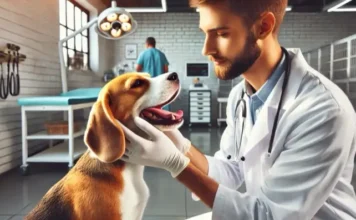 veterinario revisando dentadura perro beagle