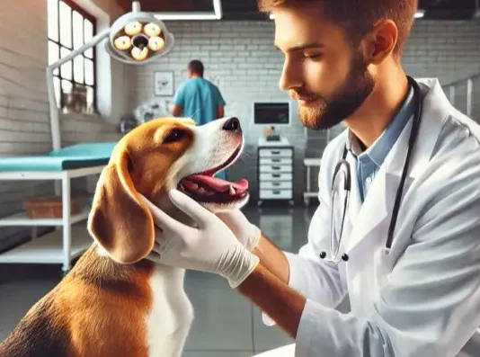 veterinario revisando dentadura perro beagle