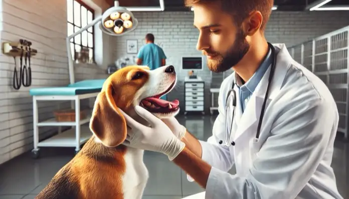 veterinario revisando dentadura perro beagle