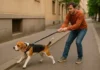 Perro tira de la correa durante el paseo, dueño sujetando con esfuerzo en la calle