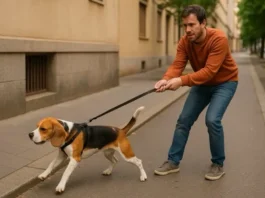 Perro tira de la correa durante el paseo, dueño sujetando con esfuerzo en la calle