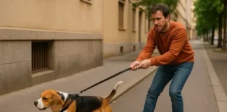 Perro tira de la correa durante el paseo, dueño sujetando con esfuerzo en la calle