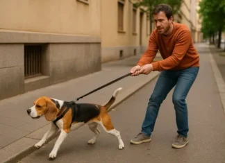 Perro tira de la correa durante el paseo, dueño sujetando con esfuerzo en la calle