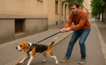 Perro tira de la correa durante el paseo, dueño sujetando con esfuerzo en la calle