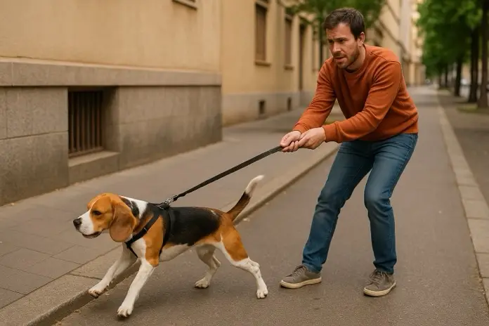Perro tira de la correa durante el paseo, dueño sujetando con esfuerzo en la calle