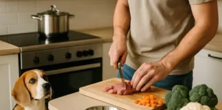 Un dueño prepara comida casera para su perro beagle.