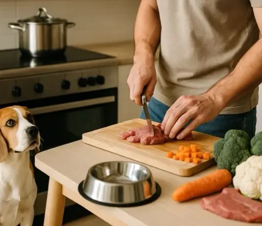 Un dueño prepara comida casera para su perro beagle.
