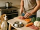 Un dueño prepara comida casera para su perro beagle.