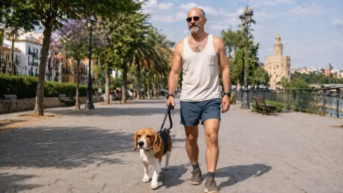 Adfer Dazne paseando a su Beagle por Sevilla