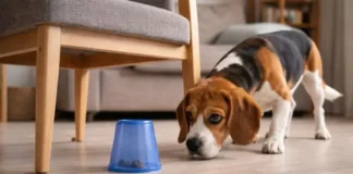 Estimulación mental para perros. Un beagle buscando comida bajo un vaso