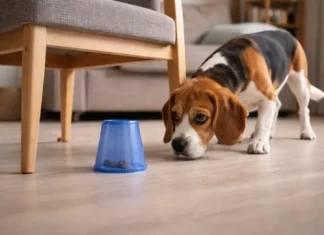 Estimulación mental para perros. Un beagle buscando comida bajo un vaso