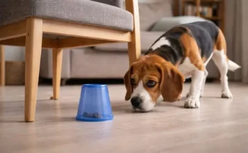 Estimulación mental para perros. Un beagle buscando comida bajo un vaso