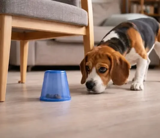 Estimulación mental para perros. Un beagle buscando comida bajo un vaso