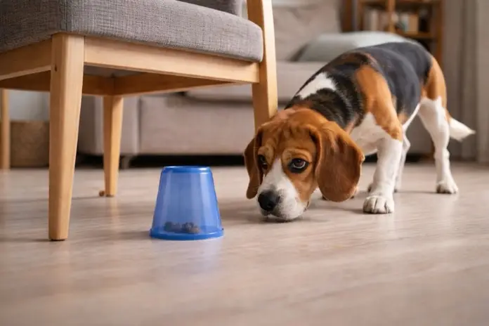 Estimulación mental para perros. Un beagle buscando comida bajo un vaso