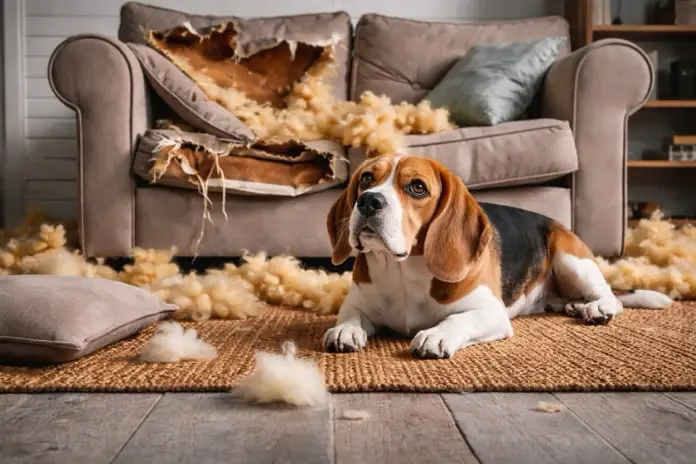 Beagle aburrido tumbado frente a un sofá destrozado en el salón