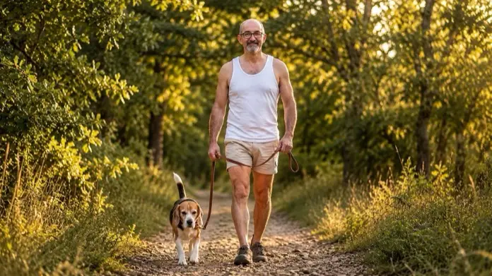 Cuánto ejercicio necesita un beagle. Adfer Dazne paseando a su beagle.