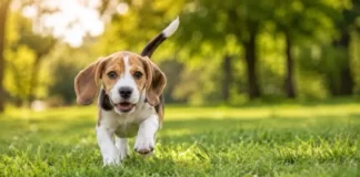 cachorro de beagle corriendo por la hierba