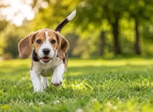 ¿Cuánto ejercicio necesita un beagle según su edad? Guía práctica para evitar problemas de conducta cachorro de beagle corriendo por la hierba