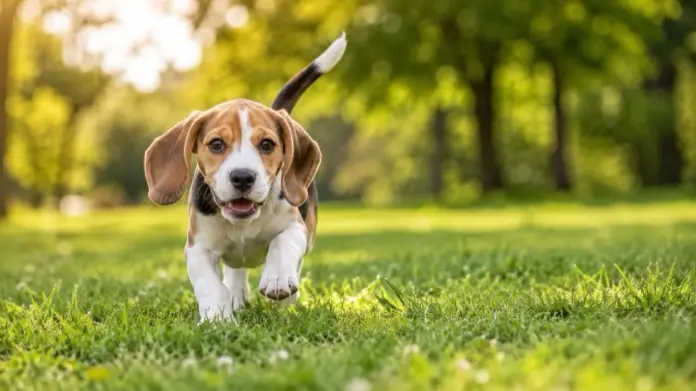 cachorro de beagle corriendo por la hierba